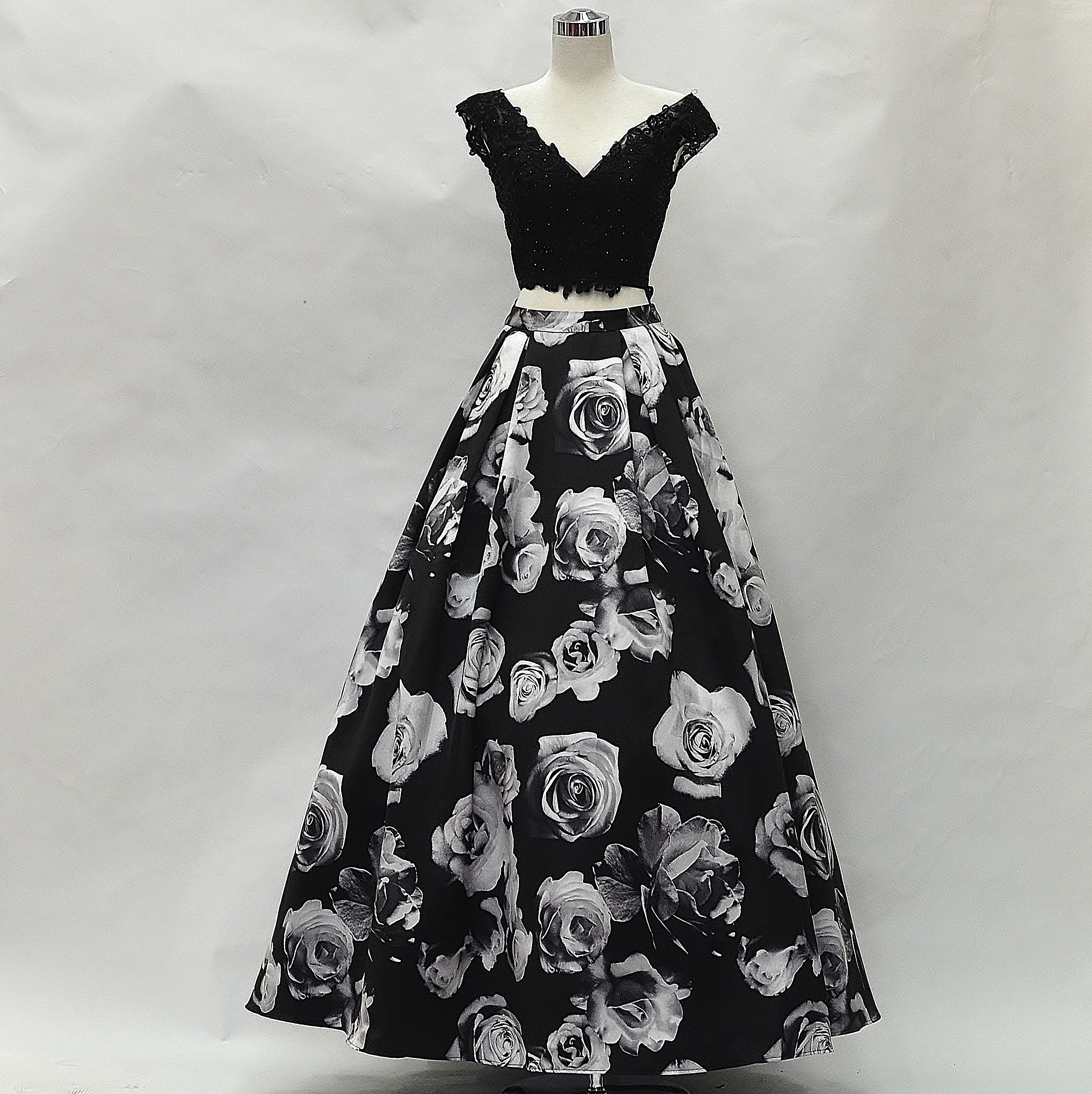 two piece black floral prom dress